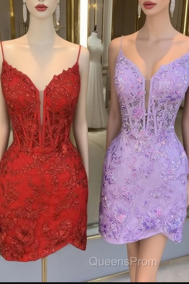 Red Spaghetti Straps Applique Tight Homecoming Dress Main image
