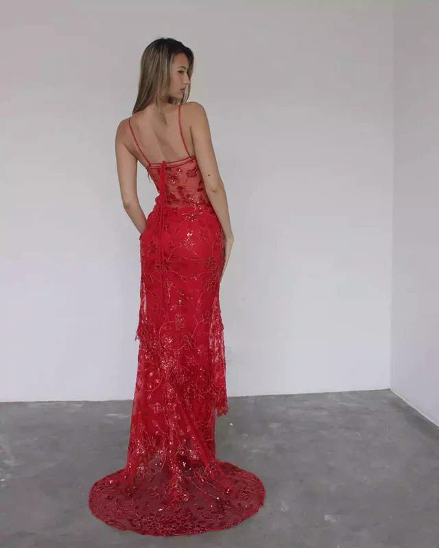 Red Spaghetti Straps Lace Beading Gorgeous Mermaid Classy Evening Dress