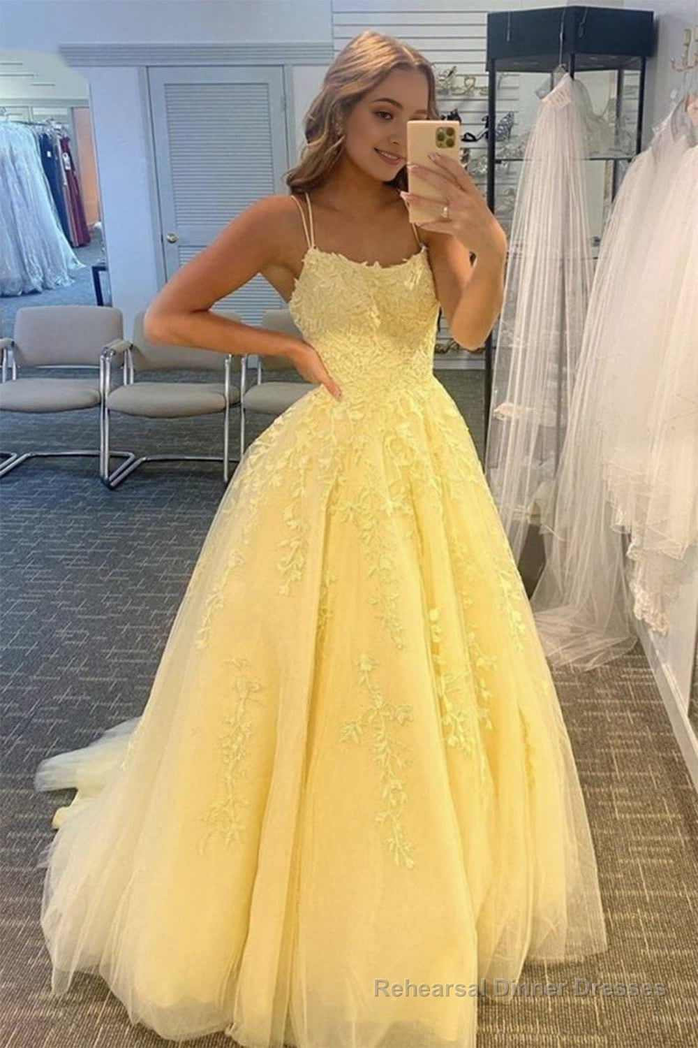 Red Spaghetti Straps Long Prom Dress with Appliques