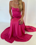 Vintage Satin Spaghetti Strap Ruched High Slit Classy Evening Gown