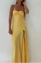 Vintage Satin Spaghetti Strap Ruched High Slit Classy Evening Gown