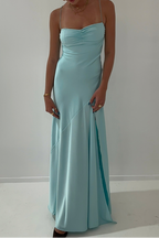 Vintage Satin Spaghetti Strap Ruched High Slit Classy Evening Gown