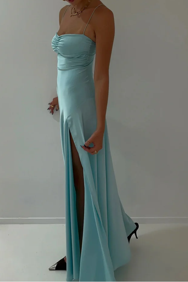 Vintage Satin Spaghetti Strap Ruched High Slit Classy Evening Gown