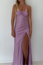 Vintage Satin Spaghetti Strap Ruched High Slit Classy Evening Gown
