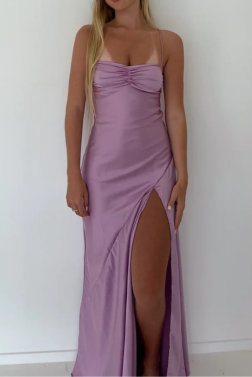 Vintage Satin Spaghetti Strap Ruched High Slit Classy Evening Gown