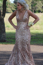 Red Sparkly Deep V Neck Sequin Mermaid Prom Dress