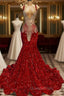 Red Square Mermaid Evening Dress Beads Sequins Long Sleeveless