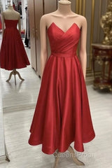 Red Strapless Midi Satin Dress