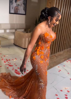 Gorgeous Orange Beaded Applique Mermaid Classy Evening Dress Long Classy Prom Dress