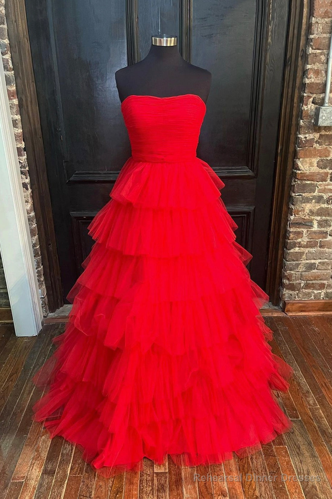 Red Strapless Tulle Layers Long Prom Dress, A-line Sweetheart Red Evening Dress Main image