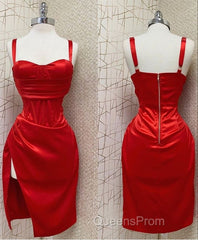 Red Sweetheart Neckline Slit Homecoming Dress Midi Evening Prom Dress