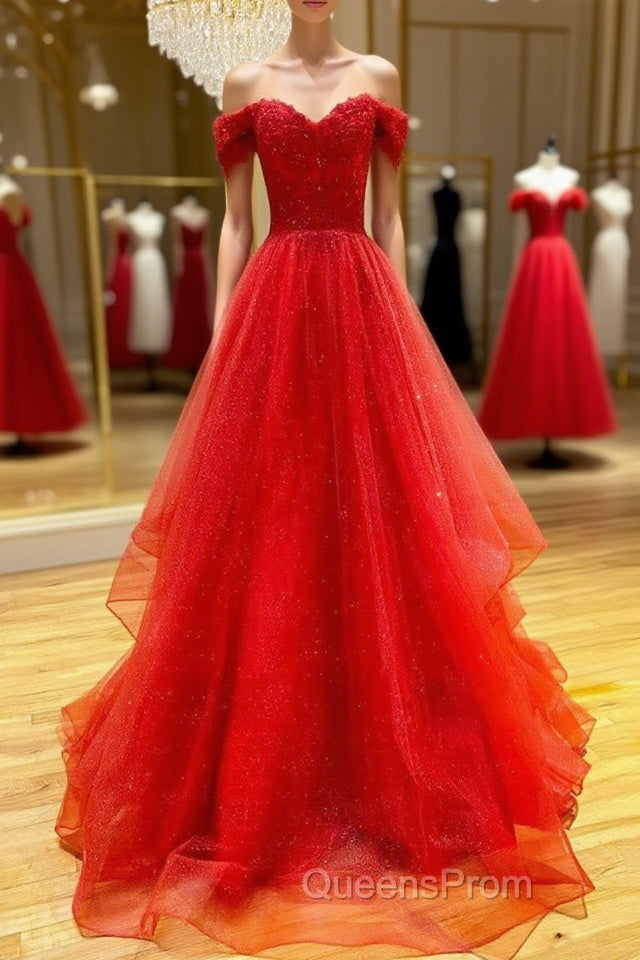 Red sweetheart off shoulder tulle long Evening Prom Dress tulle formal Dress Main image