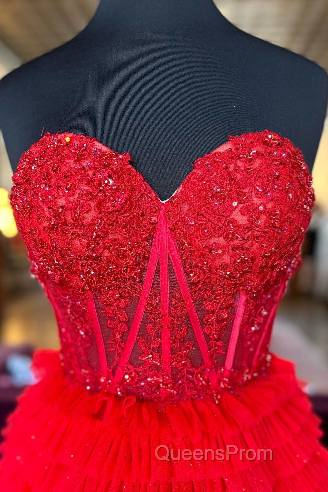 Red Sweetheart Sequins Top Multi-Layers Long Evening Prom Dress,Tiered Formal Dress Secondary image