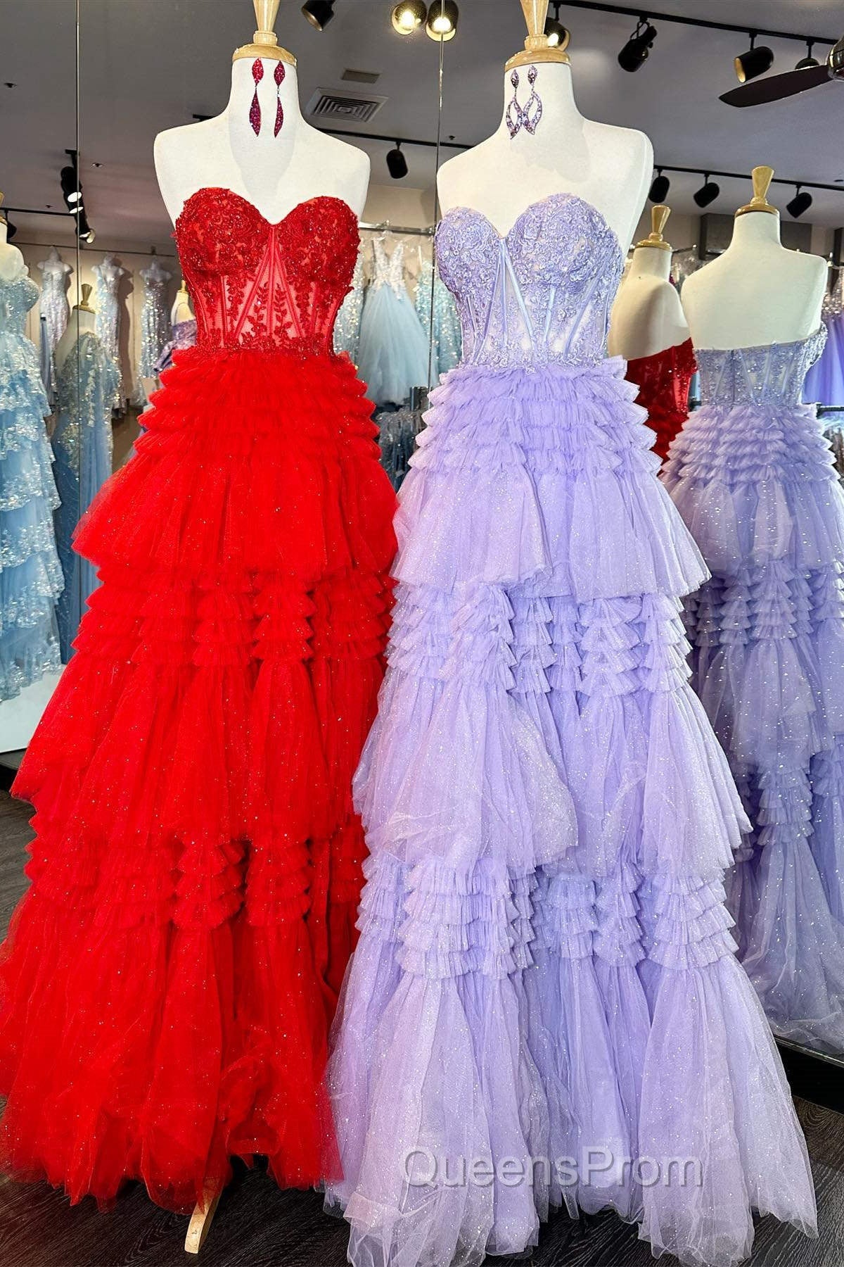 Red Sweetheart Sequins Top Multi-Layers Long Evening Prom Dress,Tiered Formal Dress