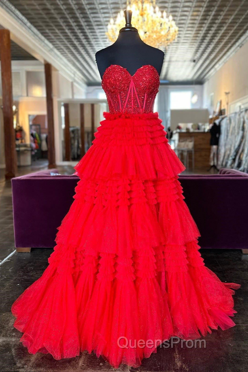 Red Sweetheart Sequins Top Multi-Layers Long Evening Prom Dress,Tiered Formal Dress