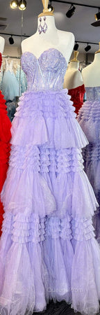 Red Sweetheart Sequins Top Multi-Layers Long Evening Prom Dress,Tiered Formal Dress