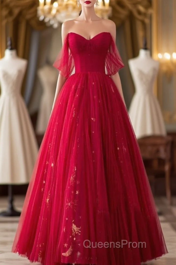 Red Sweetheart Tulle Long Beautiful Evening Prom Dress, Wine Red Party Dress Evening Gown Main image