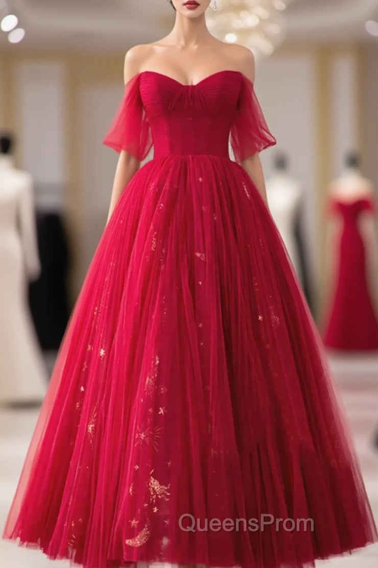 Red Sweetheart Tulle Long Formal Dress, Red Off Shoulder Party Dress Evening Prom Dress Main image