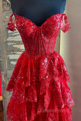 Red Sweetheart Tulle Off Shoulder Layers Long Party Dress, A-Line Red Tulle Evening Prom Dress