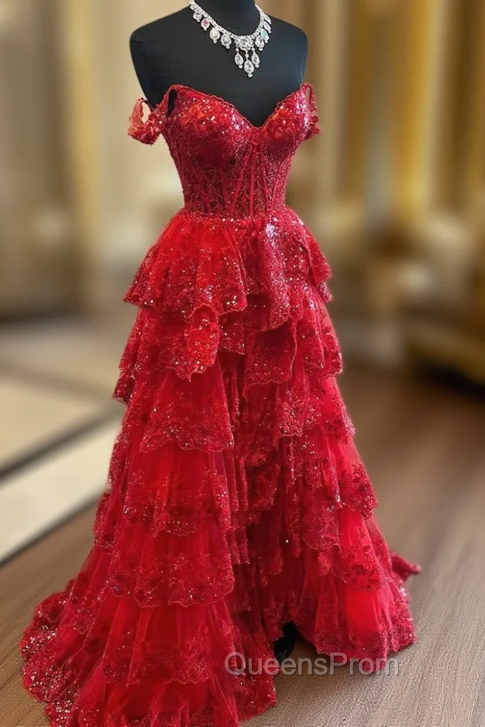 Red Sweetheart Tulle Off Shoulder Layers Long Party Dress, A-Line Red Tulle Evening Prom Dress Main image