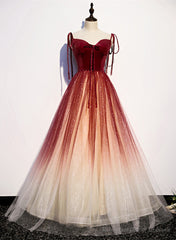 Red Sweetheart Velvet and Tulle Straps Long Party Dress, Gradient Tulle A-line Prom Dress