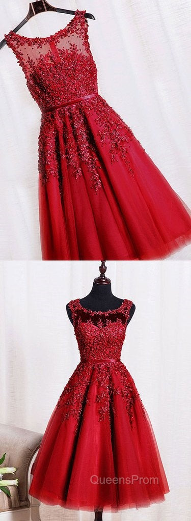 Red Tea Length Round Homecoming Dress, Lace Applique Red Party Dress, Vintage Style Evening Prom Dress Secondary image