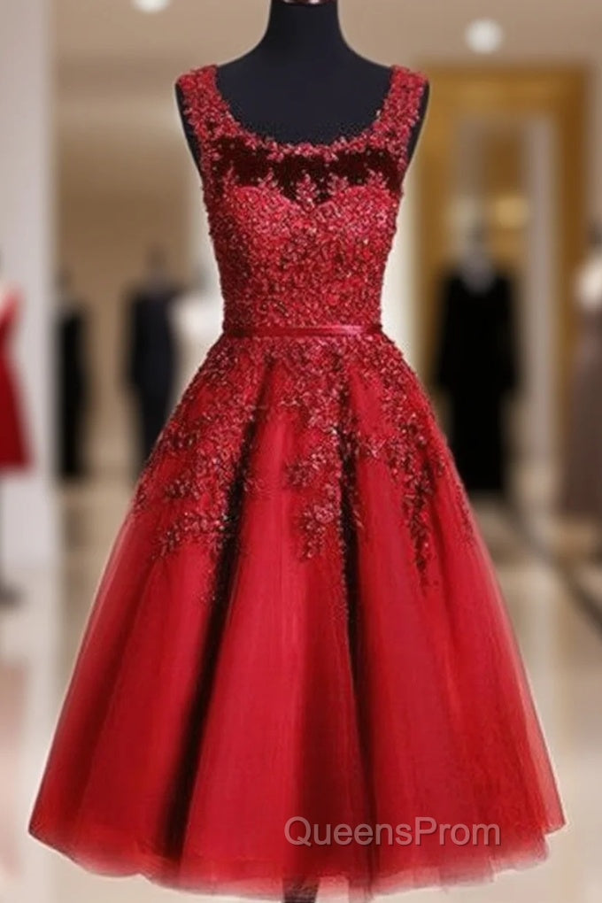 Red Tea Length Round Homecoming Dress, Lace Applique Red Party Dress, Vintage Style Evening Prom Dress Main image