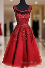 Red Tea Length Round Homecoming Dress, Lace Applique Red Party Dress, Vintage Style Evening Prom Dress