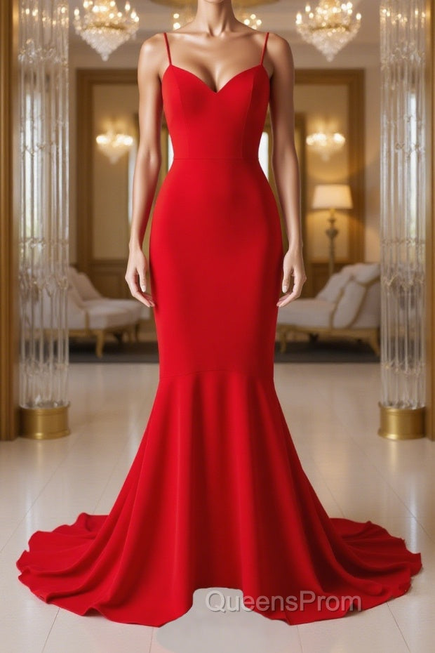 Red Thin Straps Mermaid Backless Long Evening Prom Dress, Red Mermaid Formal Dress, Red Evening Dress