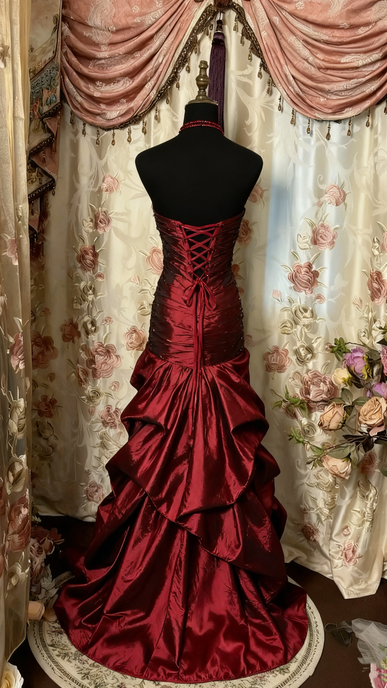 Red Tube Top Shiny Retro Elegant Long Layered Satin Ball Gown Classy Evening Dress