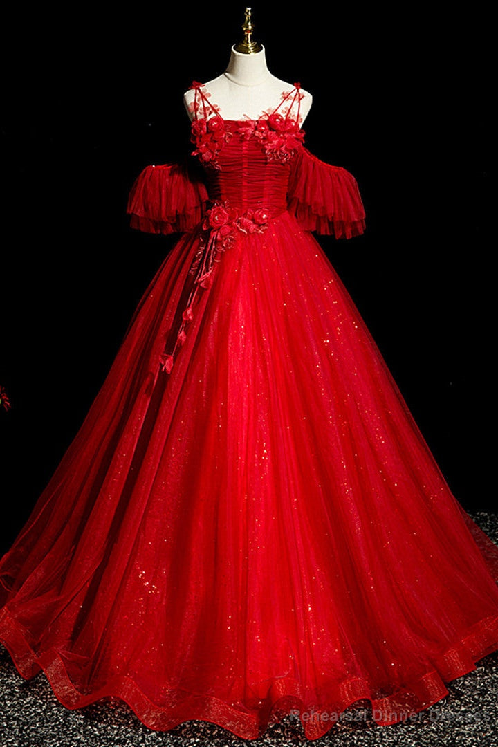 Red Tulle Ball Gown Off Shoulder Sweet 16 Formal Dresses, Red Evening Gown Party Dress