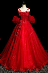 Red Tulle Ball Gown Off Shoulder Sweet 16 Formal Dresses, Red Evening Gown Party Dress