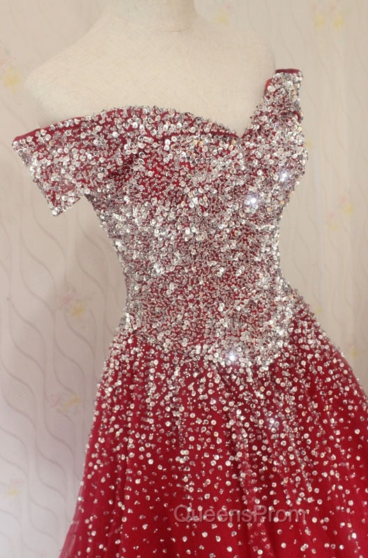 Red Tulle Beaded Off The Shoulder Long Party Gown, Red Formal Dress Secondary image