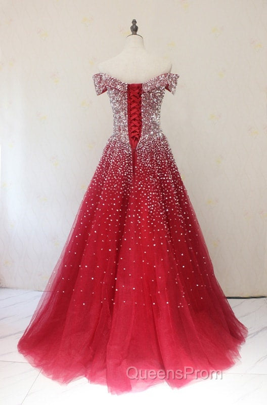 Red Tulle Beaded Off The Shoulder Long Party Gown, Red Formal Dress