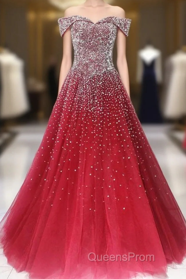 Red Tulle Beaded Off The Shoulder Long Party Gown, Red Formal Dress Main image