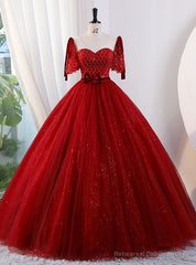 Red Tulle Beading Short Sleeve Quinceanera Dress