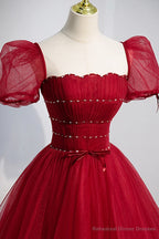 Red Tulle Floor Length Evening Party Dress, Red Short Sleeve Graduation Dress