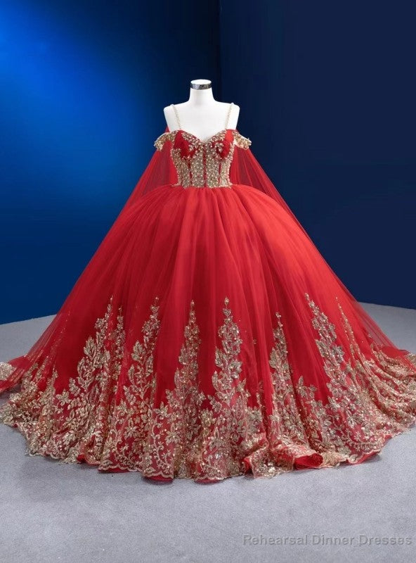 Red Tulle Gold Sequins Appliques Spaghetti Straps Pearls Prom Dress Main image