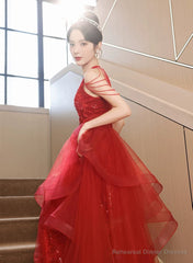 Red Tulle Halter A-line Long Evening Dress, Red Tulle Prom Dress Party Dress