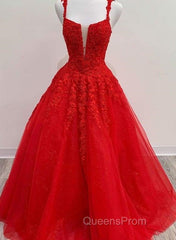 Red Tulle Lace Appliques Long Evening Prom Dress A Line Formal Evening Dress