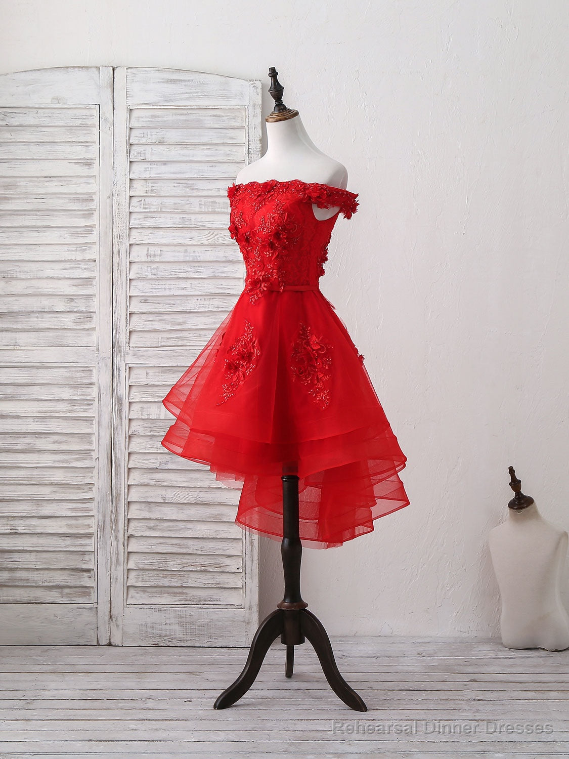 Red Tulle Lace Off Shoulder Short Prom Dress, Red Homecoming Dress Main image