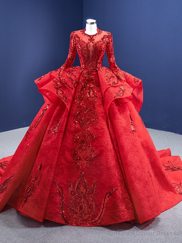 Red Tulle Lace Sequins Appliques Long Sleeve Prom Dress Main image