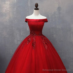 Red Tulle Long Off the Shoulder Sweet 16 Dress, Red Party Gown