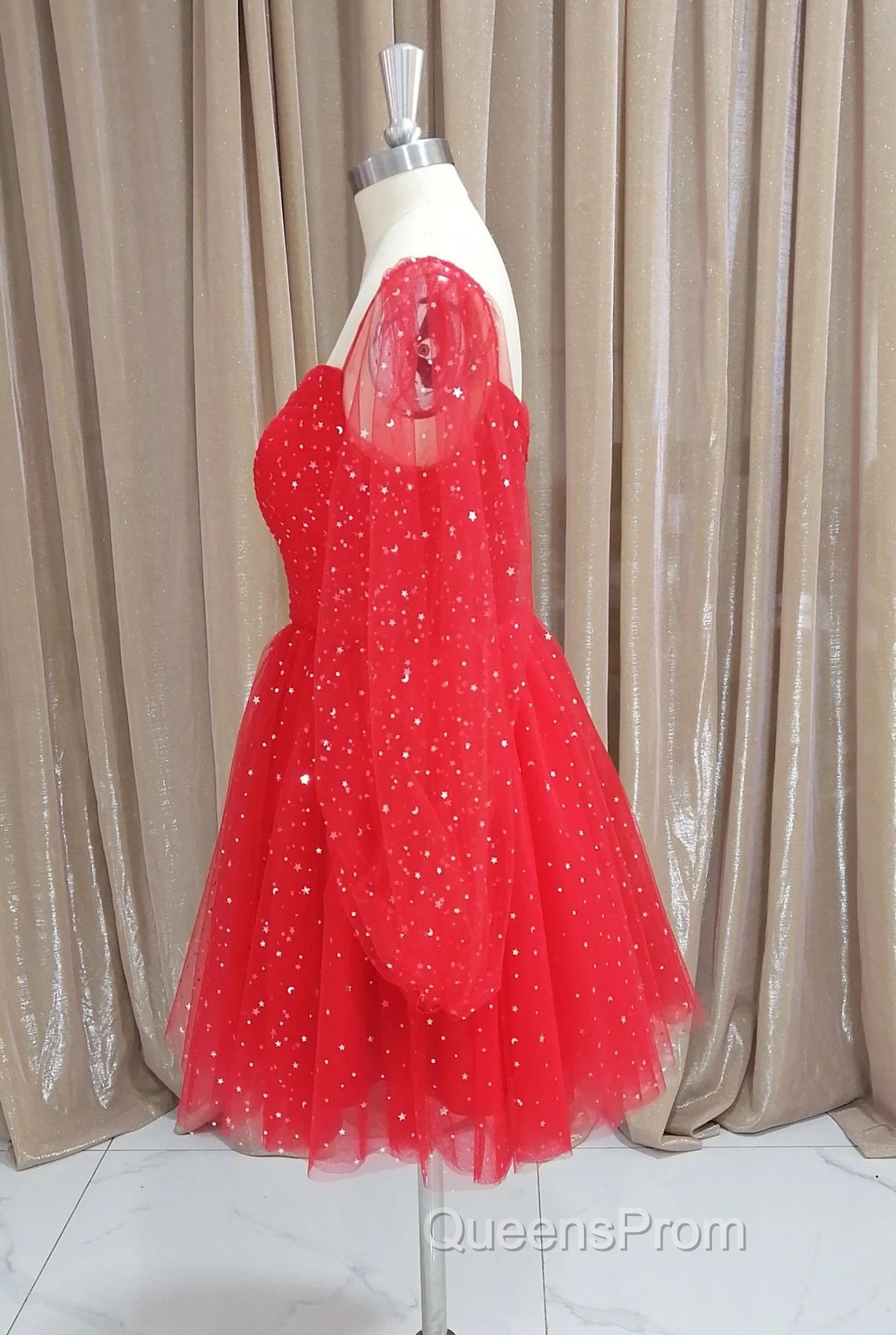 Red Tulle Long Puffy Sleeves Short Evening Prom Dress, Red Tulle Homecoming Dress Secondary image