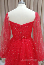 Red Tulle Long Puffy Sleeves Short Evening Prom Dress, Red Tulle Homecoming Dress