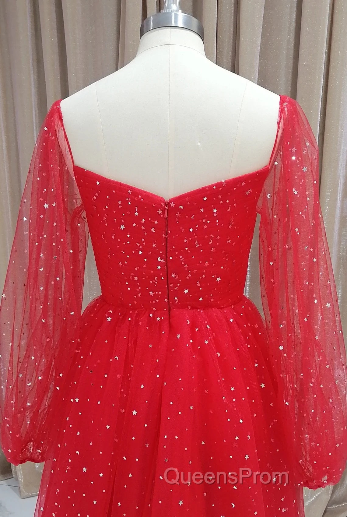Red Tulle Long Puffy Sleeves Short Evening Prom Dress, Red Tulle Homecoming Dress