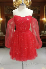 Red Tulle Long Puffy Sleeves Short Evening Prom Dress, Red Tulle Homecoming Dress