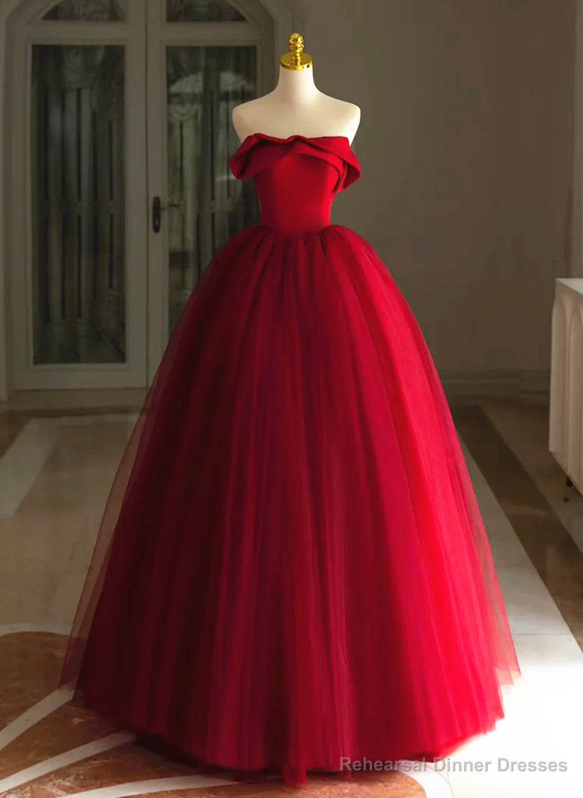 Red Tulle Long Scoop Long Prom Dress Party Dress, Red Evening Dress Main image