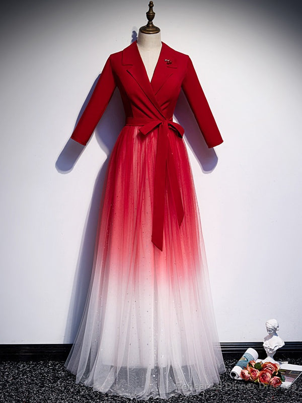 Red Tulle Long Sleeve V-neck Prom Dress Main image