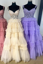 Red Tulle Off-the-Shoulder Ruffle Tiered Long Prom Dress